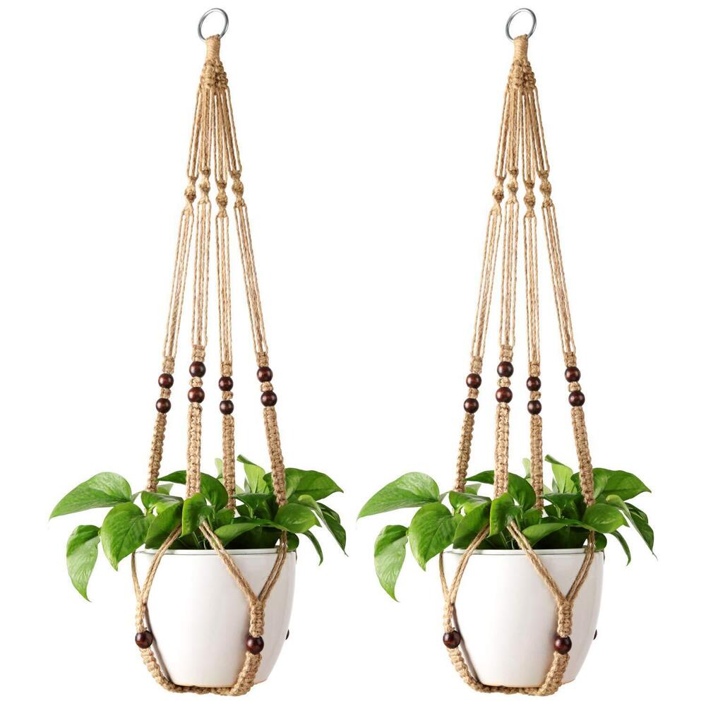Macrame Plant Hanger Indoor Jute Hanging Planter Basket with Wood Beads
